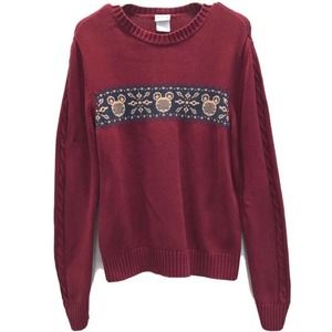 Disney Store Mens Sweater Burgundy Mickey Mouse Head Cable Knit Sleeves Vtg S